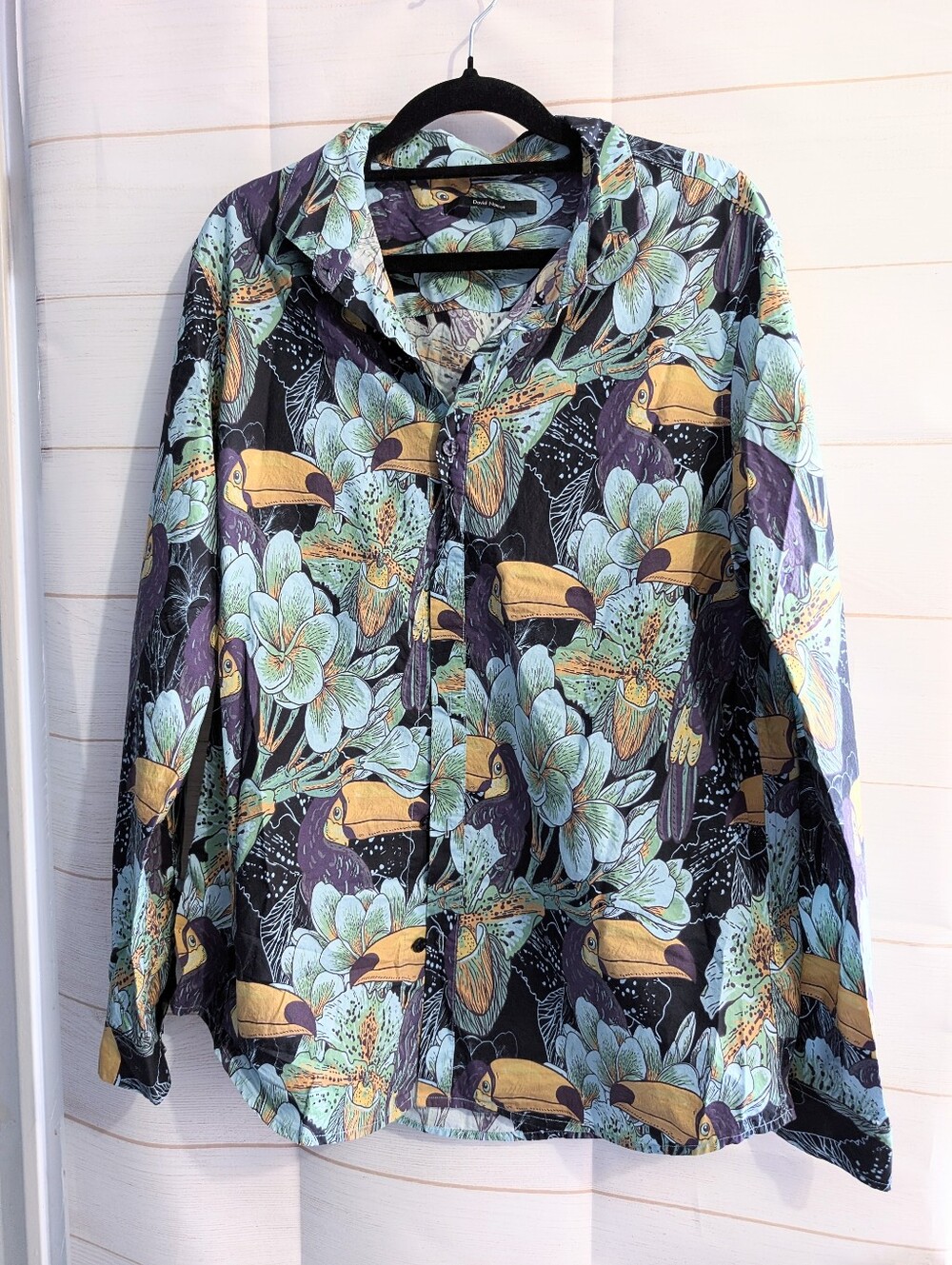 Rare Designer David Naman Graphic All Over Print  Floral Toucan Button-Down XL